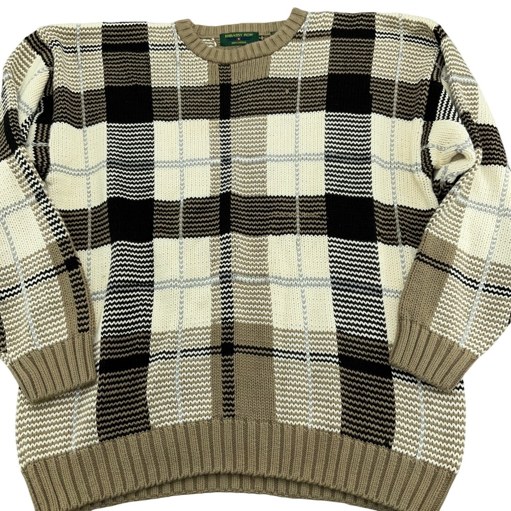 Embassy Row Sweater Men XLarge Brown Plaid Knit Retro VTG Classic Grandpa Preppy